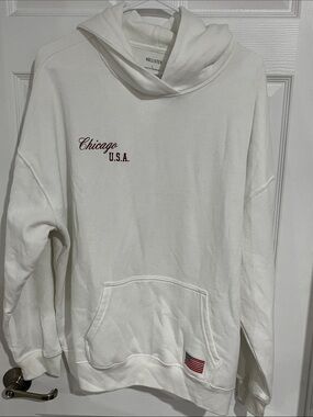Hollister White Cowl Neck Hoodie Sweater w/ Chicago U.S.A. Flag Patch-Embroidery